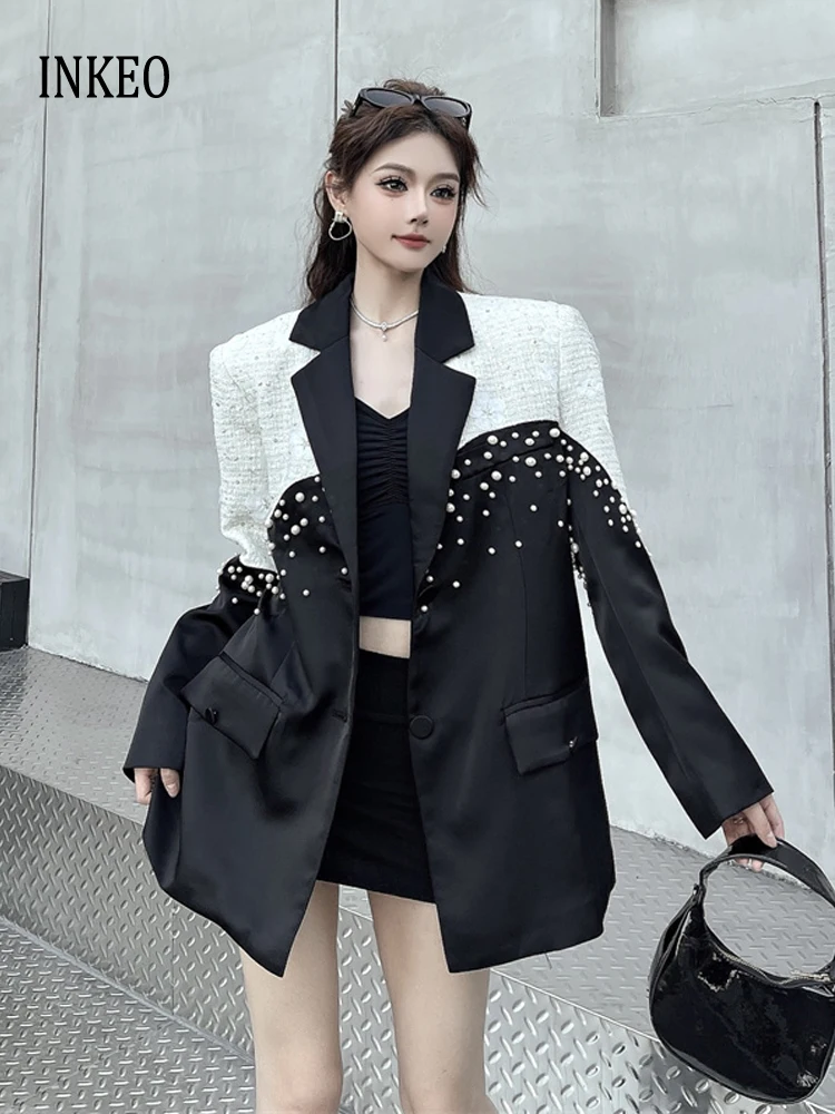 تصميم جديد سترة مطرزة باللؤلؤ للنساء سترة تويد مرقعة بألوان متباينة 2026 ملابس خارجية فاخرة للربيع والخريف INKEO 5O120 #1