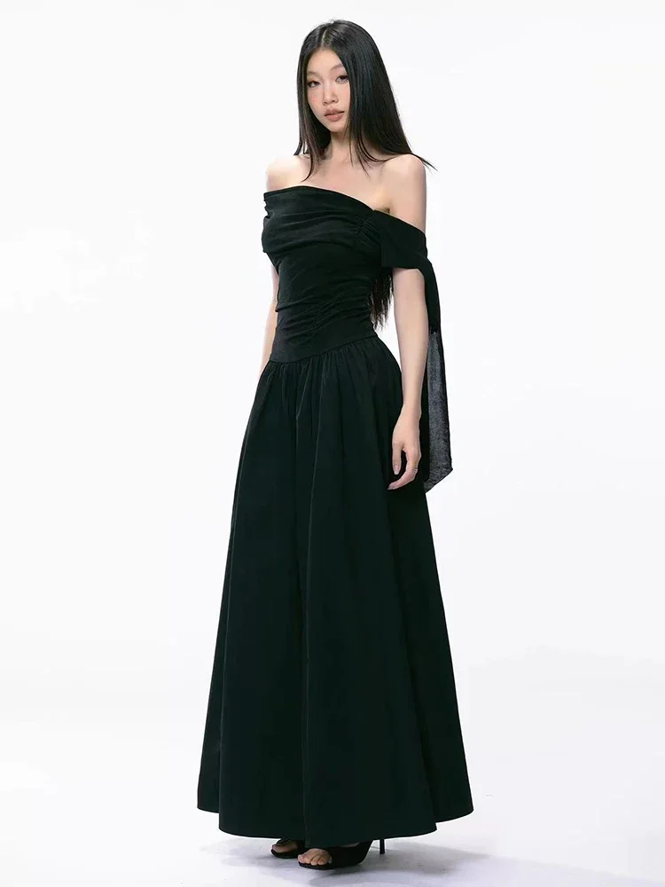 Elegant Hepburn Style Slash Neck Women Midi Dress Y2K Sexy One Shoulder Sleeveless Black Dress Summer Evening Party Vestidos