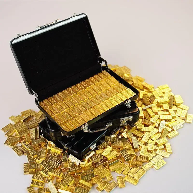 Miniature Dollhouse Aluminum Alloy Suitcase With Gold Bar Toys Password Cash Money Box Kids Educational Playset