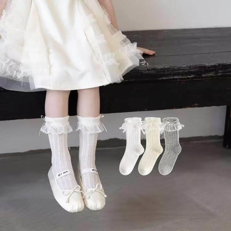 Princess Style Girls Mid-Calf Socks Summer Thin Eyelet Lace Trim  Knot Tights Children's Cotton Stockings