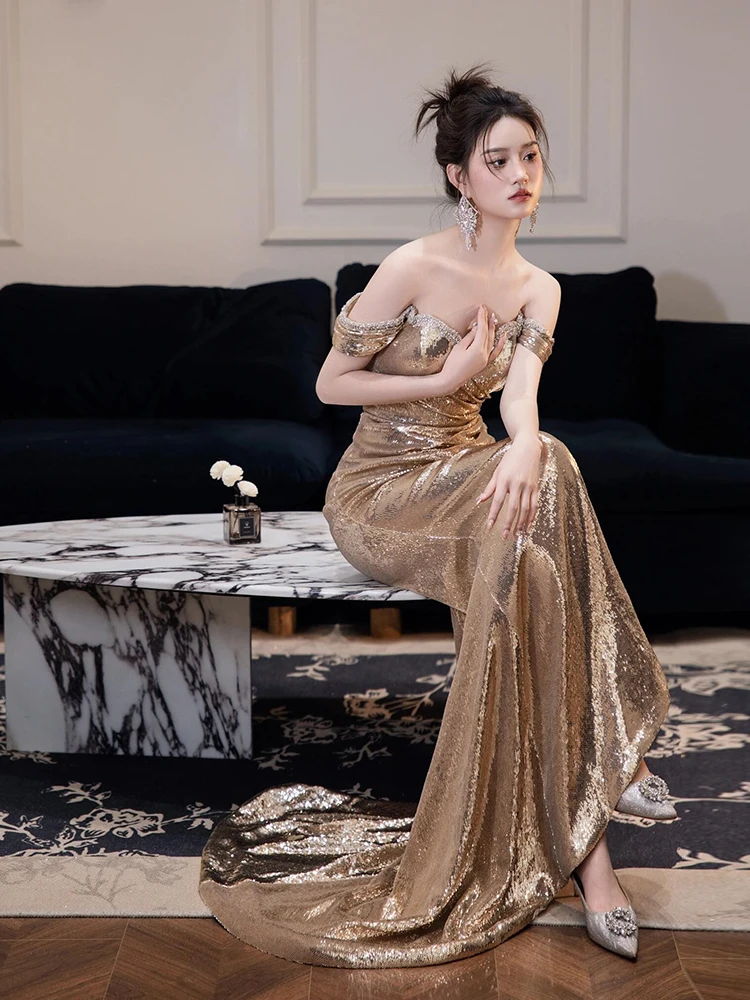 Gouden avondjurk zeemeermin pailletten bruidsmeisjesjurk off-shoulder galajurk feestjurk met veters aan de achterkant