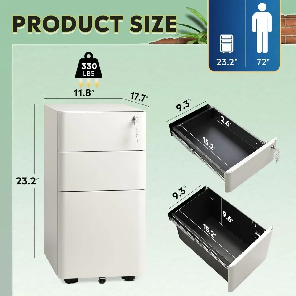 

3 Drawer Slim Vertical File Cabinet, Fully Assembled Except Casters, Legal/Letter Size