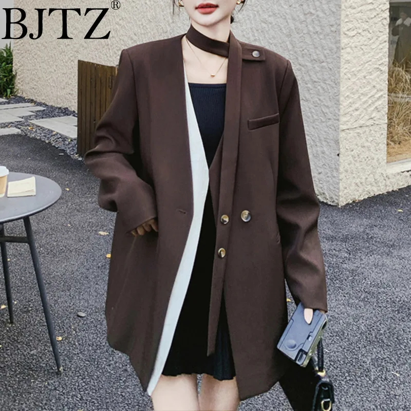 

BJTZ Fashion Contrast Color Two Fake Blazer With Ribbons 2025 Spring Autumn New Loose Long Sleeve Trendy Women's Jacket