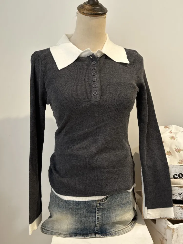 

Gray Buttons Knitted Tops Women Summer New Cotton Casual Patchwork Turn-down Collar Tees Female Sweet Preppy Style T-shirts Y2K