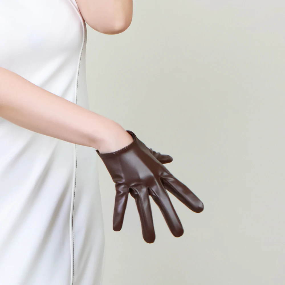 Women's Elegant Fashion Long PU Leather Brown Glove Female Driving Photograph Performance Party Glove R1963