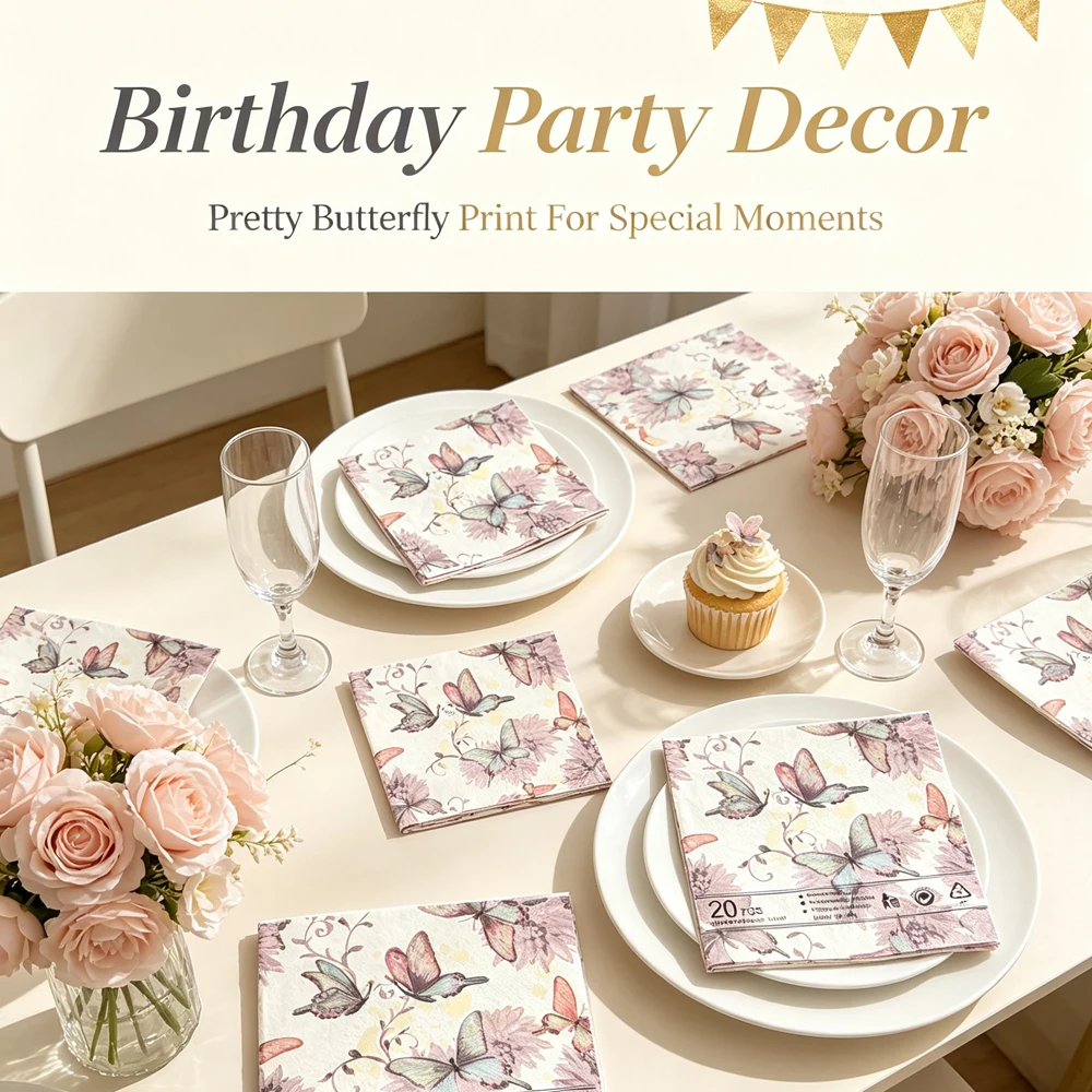 20Pcs 33cm Vintage Watercolor Butterfly Floral Paper Napkins Fragrance Free Disposable Tissue Wedding Tea Party Bridal Shower