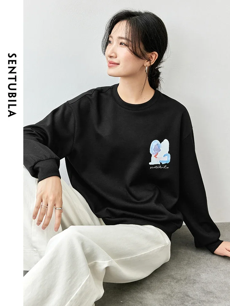 SENTUBILA Print Cotton Sweatshirt for Women 2024 Autumn Casual Loose Round Neck Long Sleeve Solid Simple Women Top 143A56700