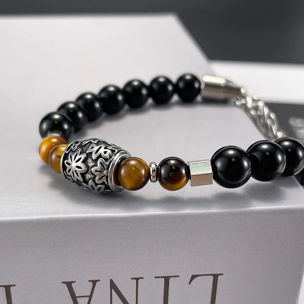 Double Black Agate Tiger Eye Stones Bracelet Men's tainless Steel Layer Round Magnet Bead Luxury Bracelet for Men Women Jewelry