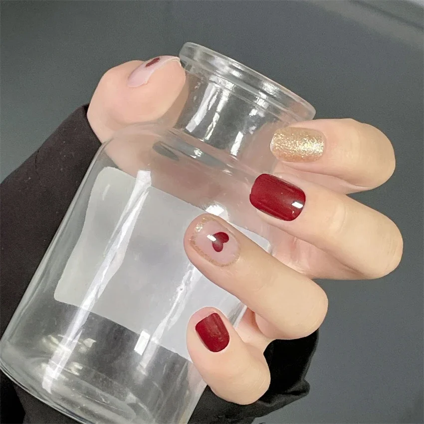 24szt Krótkie Smudged Gold Powder Fake Nails Full Fruit Acrylic Press on Nail Art Product Frozen Powder Flesh-colored False Nails