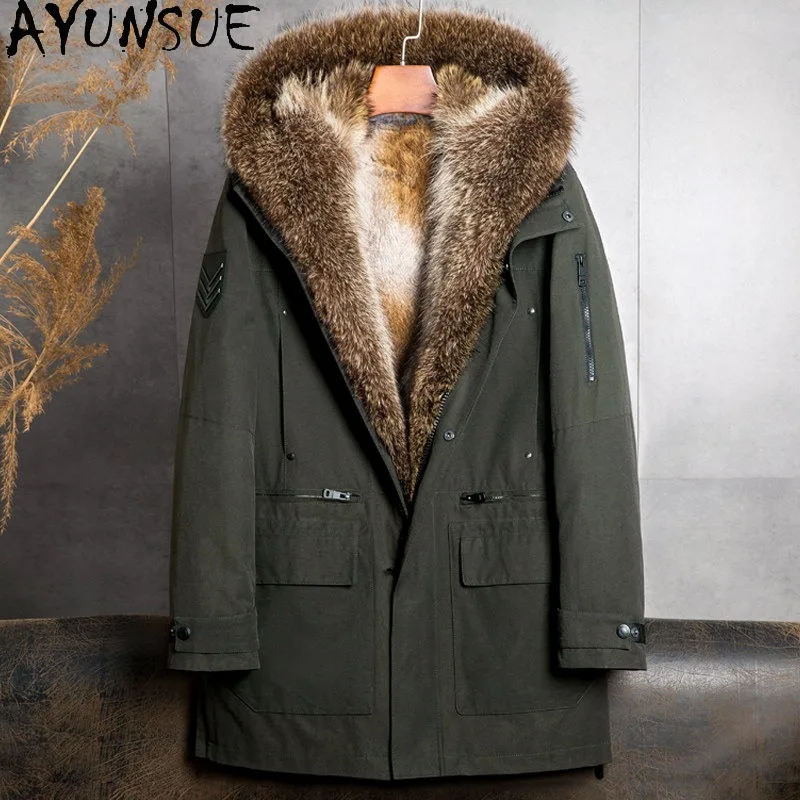 AYUNSUE Men's Parka Detachable Golden Mink Liner Fur Coat Mid-length Real Fur Jackets Mens Overcoat Raccoon Fur Collar Parkas