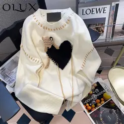 Women's Autumn Winter New Fashion Round Neck Three-dimensional Teddy Bear Love Versatile Long Sleeved Loose Sweater Knitted Tops