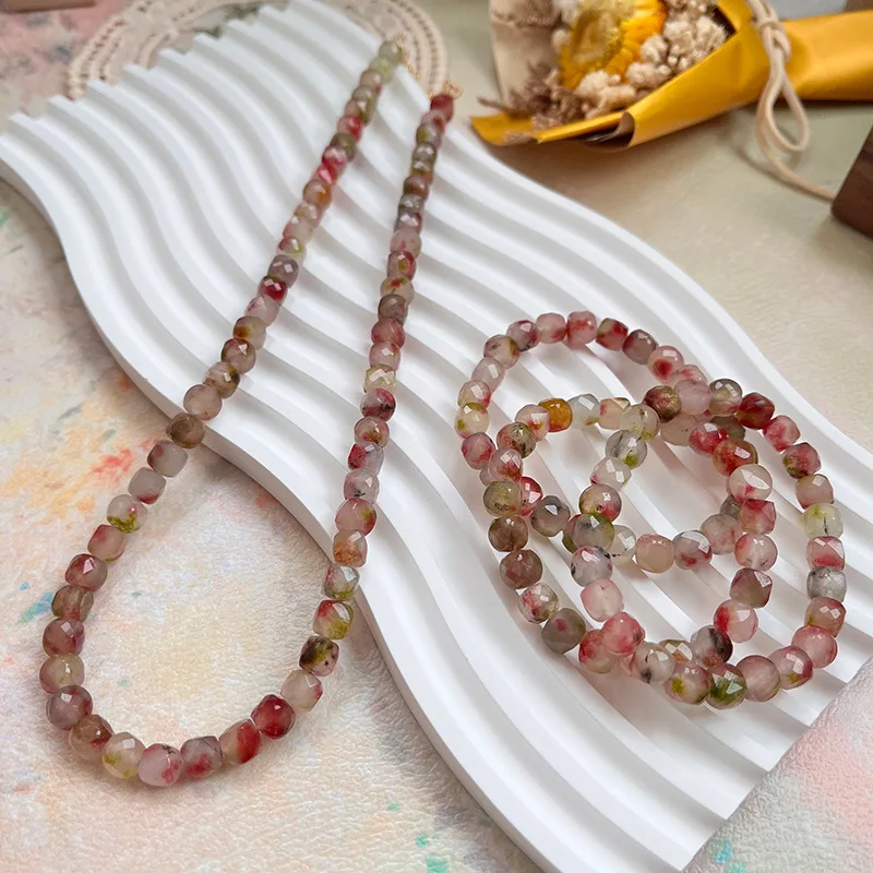 Retro Peach Color Watermelon Stone Multi-faceted Agate Necklace Bracelet Fashion Accessories for Women Jewelry