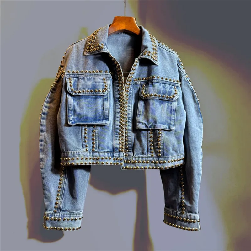 Schwere Arbeit Niet Denim Jacke Frauen Kurze Strickjacke Mantel Frühling Herbst Neue Koreanische Lose Große Tasche Langarm Jeans Jacke Mantel