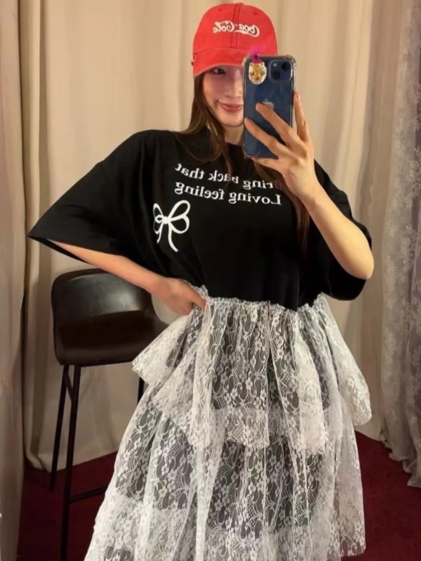 

Retro Chic Summer ort Sve Dr Women's Loose Splicing Lace Design Print Casual Dr Age-Defng Faionable Dr