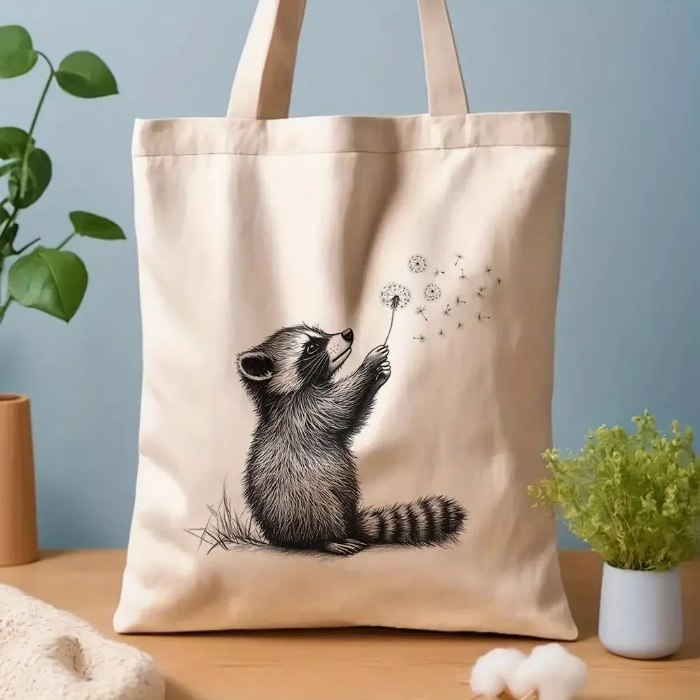 One Raccoon Canvas Tote Bag Featuring A Dandelion Shopping Bag Commuting, School Beach Trips Shopping Bags Tote Bag Aesthetic