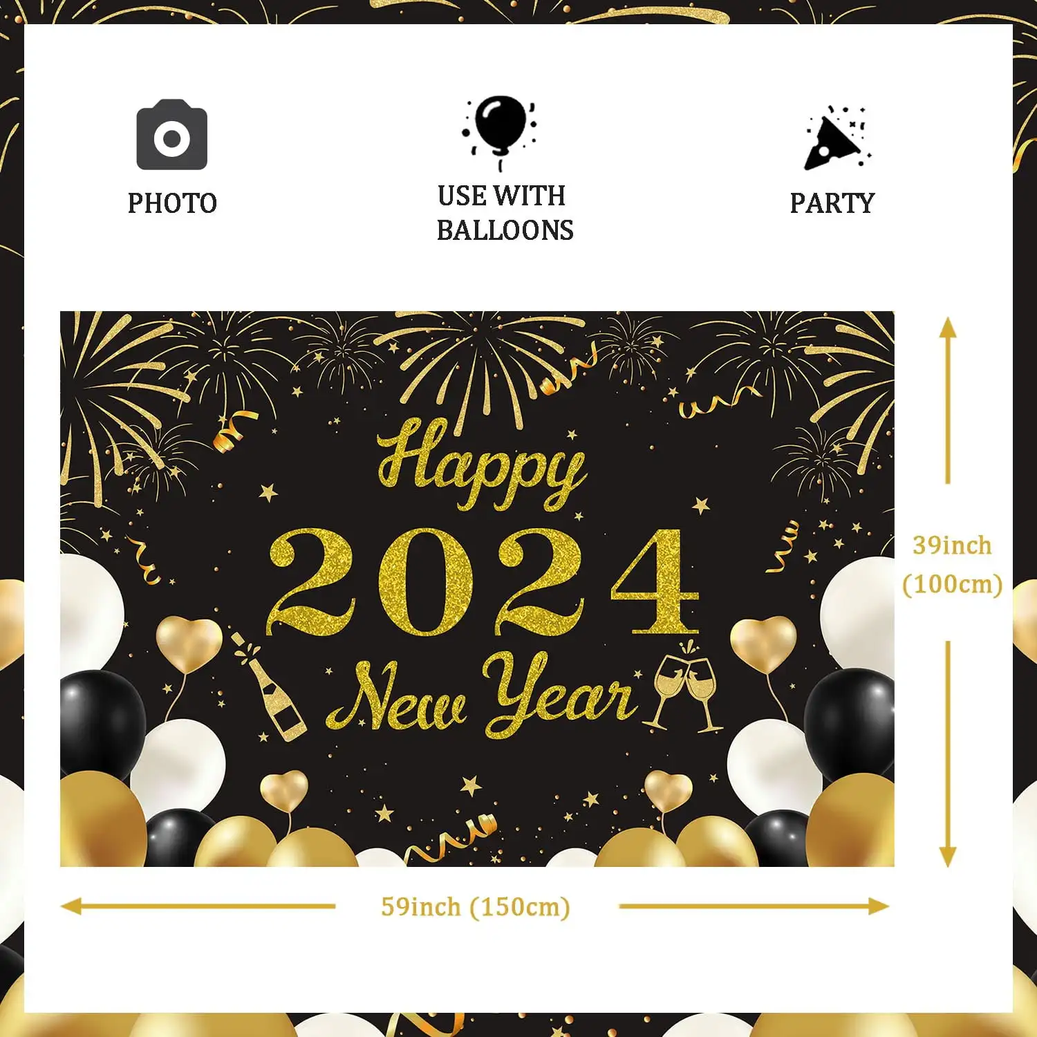 SURPRISE-Happy New Year Backdrop, Black, Gold, Printed Background for New Year, Themed Party Decorations, 2022