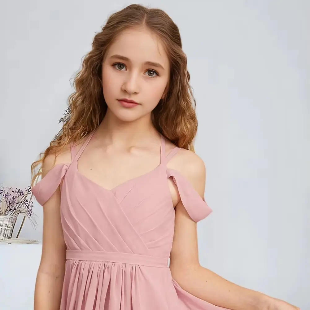 

WW Kids A-Line Cold Shoulder Floor-Length Chiffon Junior Bridesmaid Dresses Blush Charming Flower Girl Dresses Party Wedding Kid