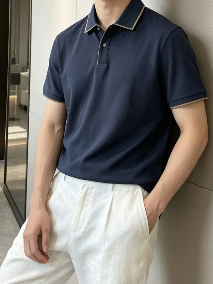 

Ligentleman Summer Casual Cotton Pique Shirt Men's Short Sleeve Turn-down Collar Breathable Fashion Urban Wear
