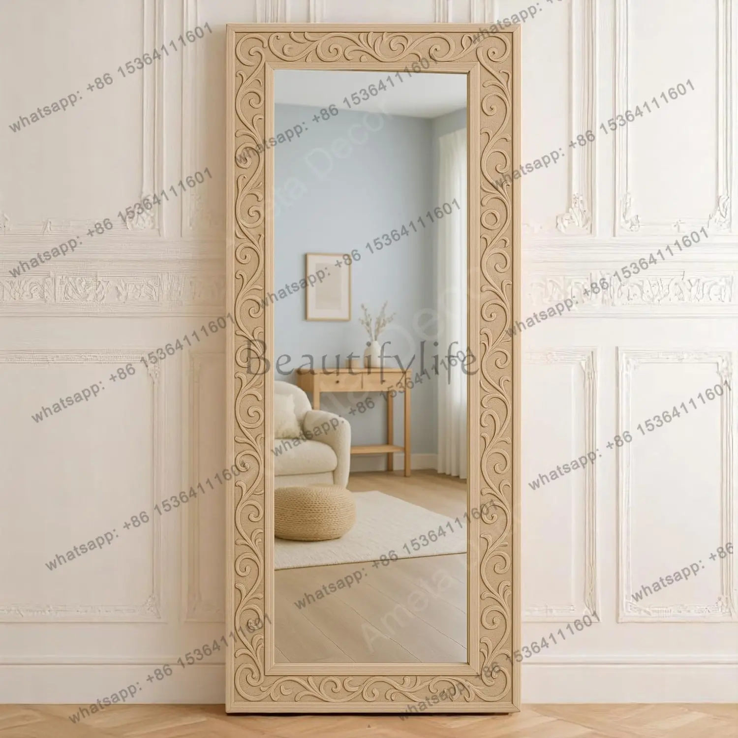 

French retro square carved floor mirror wall-mounted home living room bedroom full-body mirror