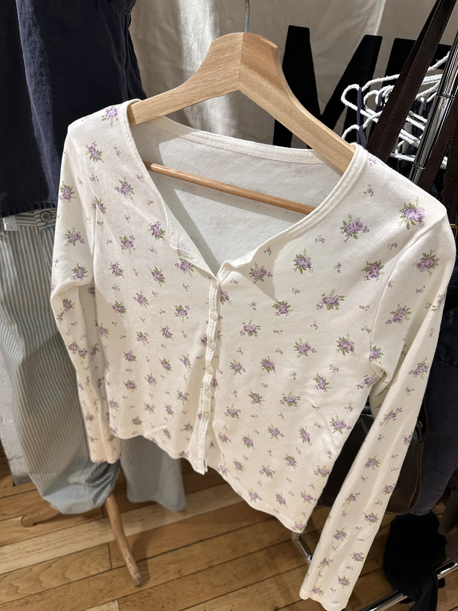 الأرجواني الأزهار سترة طويلة الأكمام تي شيرت المرأة الجديدة مغرفة الرقبة واحدة الصدر تي شيرت الحلو القطن عادية سليم التي شيرت بلايز #5