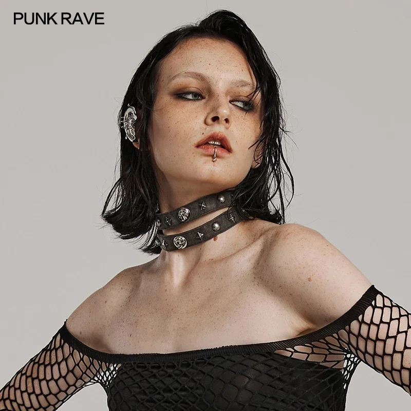 

PUNK RAVE Women's Punk Woven Fabric Rivet Choker Two Loops Club Personalized Necklace Fashion Accessories 2 Colors