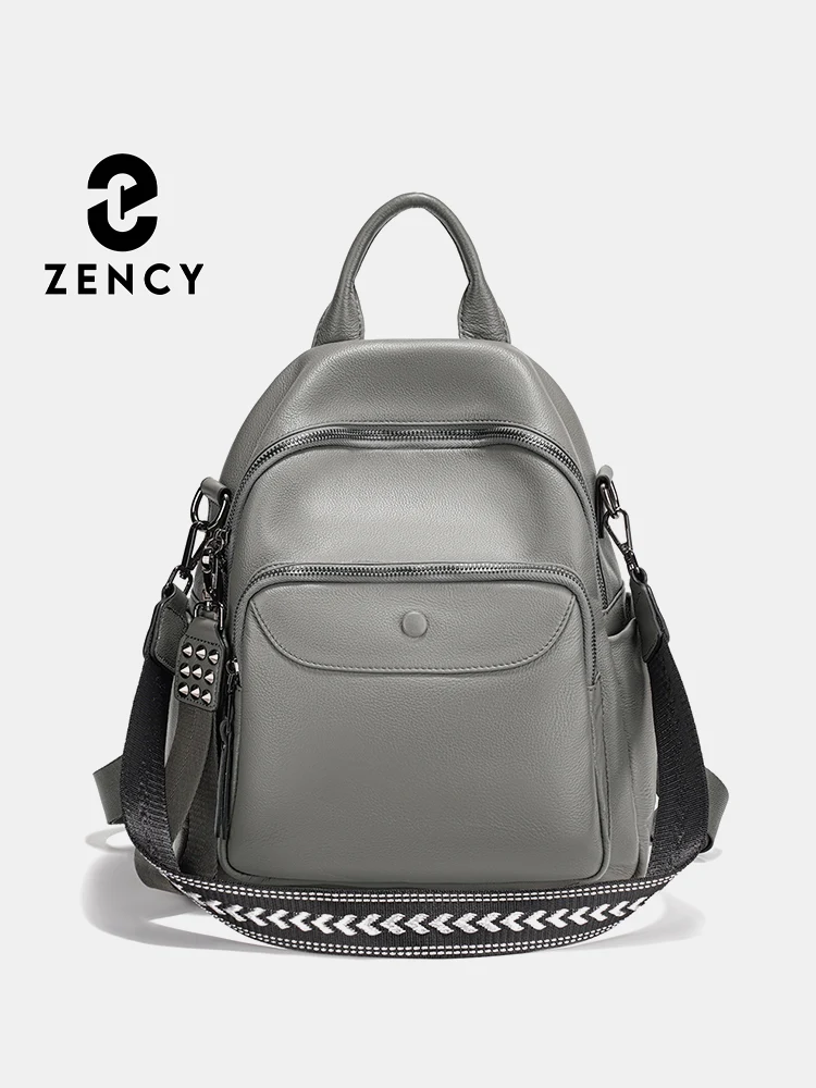 

Zency Grey Genuine Leather Women's Backpack Multi-pocket Convertible Shoulder Bag Large Capacity Knapsack for School Work Travel