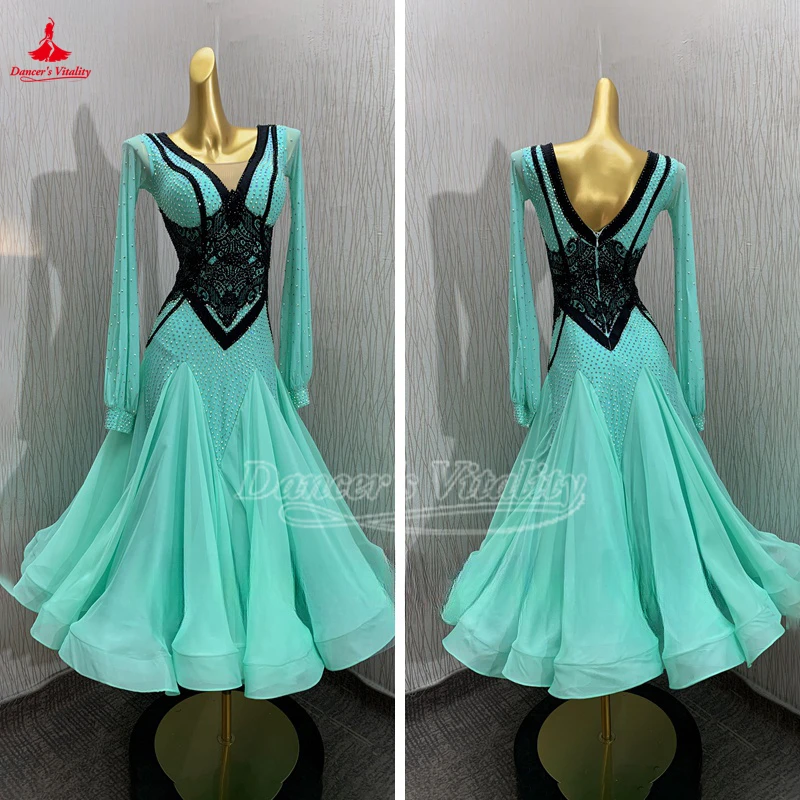 カスタマイズ女性ワルツフォックストロットタンゴプロフェッショナル服社交ダンスパフォーマンスや競技会長袖ビッグスイングドレス