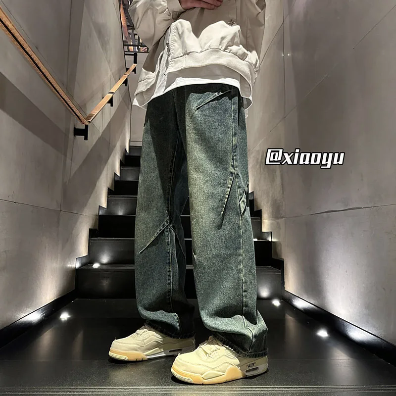 

Мужские джинсы в американском ретро-стиле, осенне-зимние, с отворотами, свободного прямого кроя, в стиле High Street, большие размеры, молодежная мода