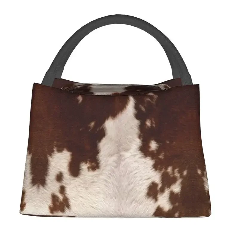 Calf brown cowhide insulated lunch bag picnic leather animal fur texture waterproof cooling bento box for women