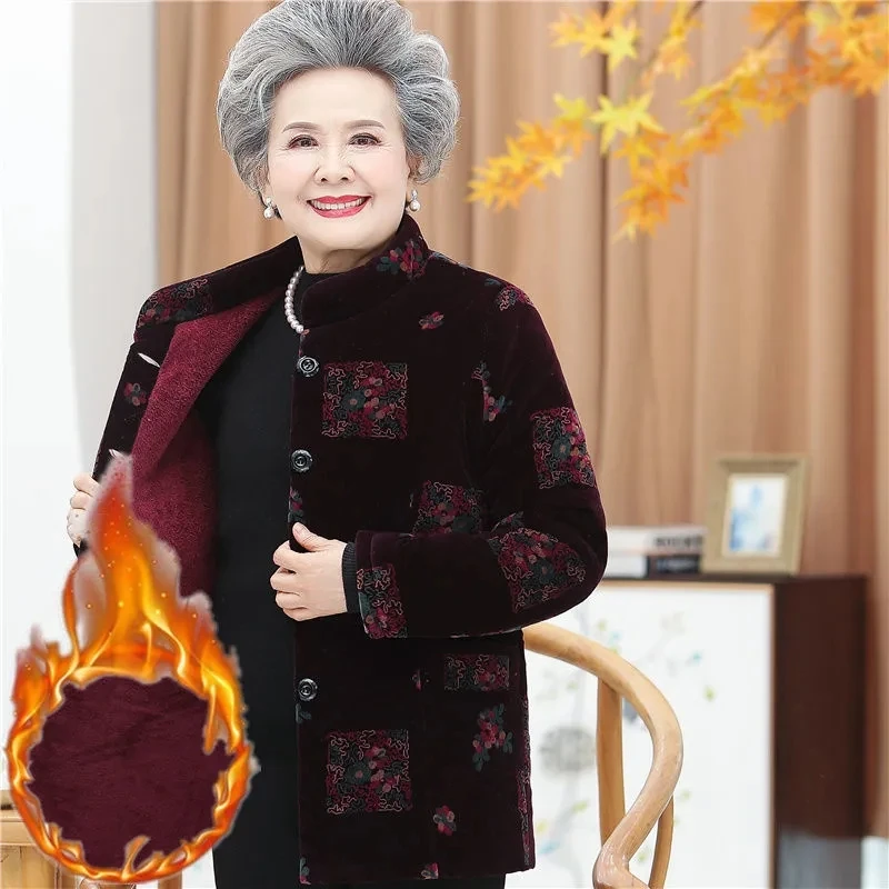 New Corduroy Grandmother Cotton Jacket 5XL Winter Middle-aged Warm Print Hooded Coat Elderly Women Parkas Jacket W1664