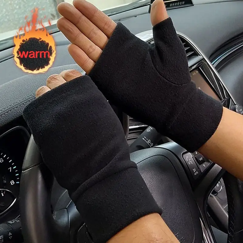 Autumn Winter Plush Unisex Half Finger Gloves Solid Color Fleece Cold Resistant Glove Outdoor Cycling Running Glove