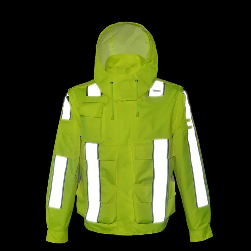 Outdoors Work Hooded Raincoat Jacket Mens Hi Vis Safety Reflective Stripe Waterproof Coat Multi Pockets Windbreaker High-quality