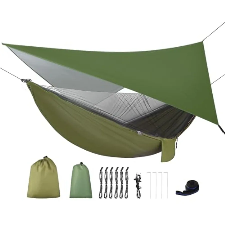 

Camping Hammock with Rain Fly Tarp and Mosquito Net Tent Tree Straps, Portable Single/Double Nylon Parachute Hammock Rainfly Se