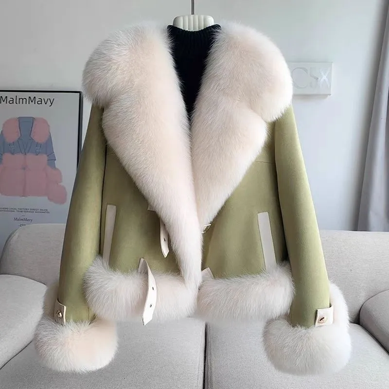 Fashion Imitation Fox Fur Grass Coat Women's Short Furry Coat Woolen Collar Thicke Warm Coats Winter Fur Coat Pink Outwear