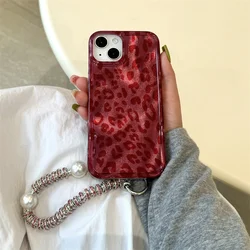 Luxury Leopard Print Phone Case For iPhone 15 Pro 12 13 14 Pro Max Cover with Chain Shockproof Protective Cases For 15 Max Capa