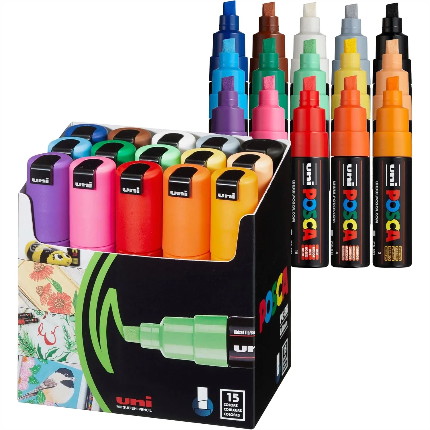 Acrylic Paint Markers Set 15 Colors, 8K Broad Bold Thick Chisel Tips, Permanent Marker Pens For Fabric Canvas Glass Wood Metal Coloring
