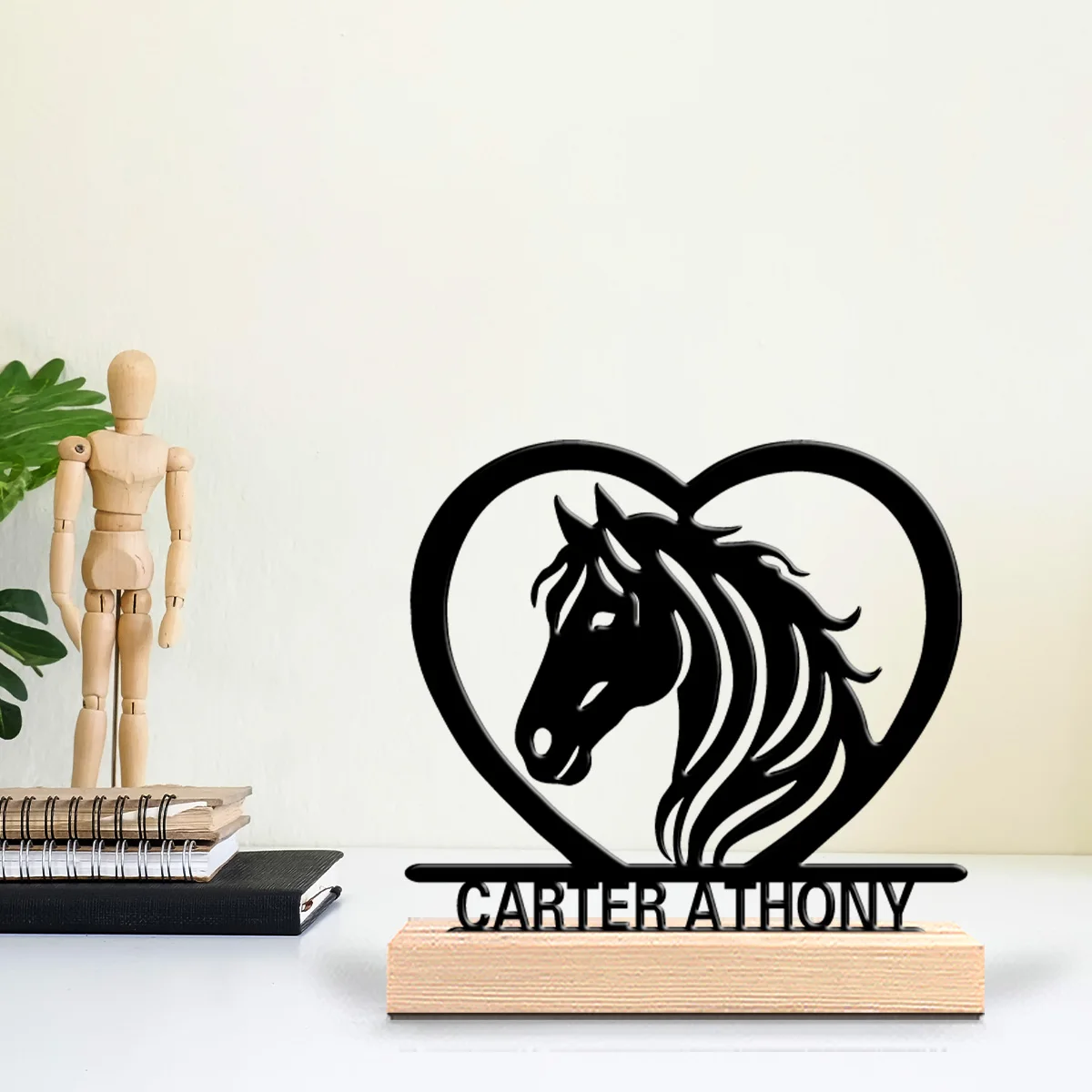 1pc Fashion horse love Customized Name Tin Statue Metal Ornament Handicraft With Wood Base Tin Sculpture For Kids Gifts