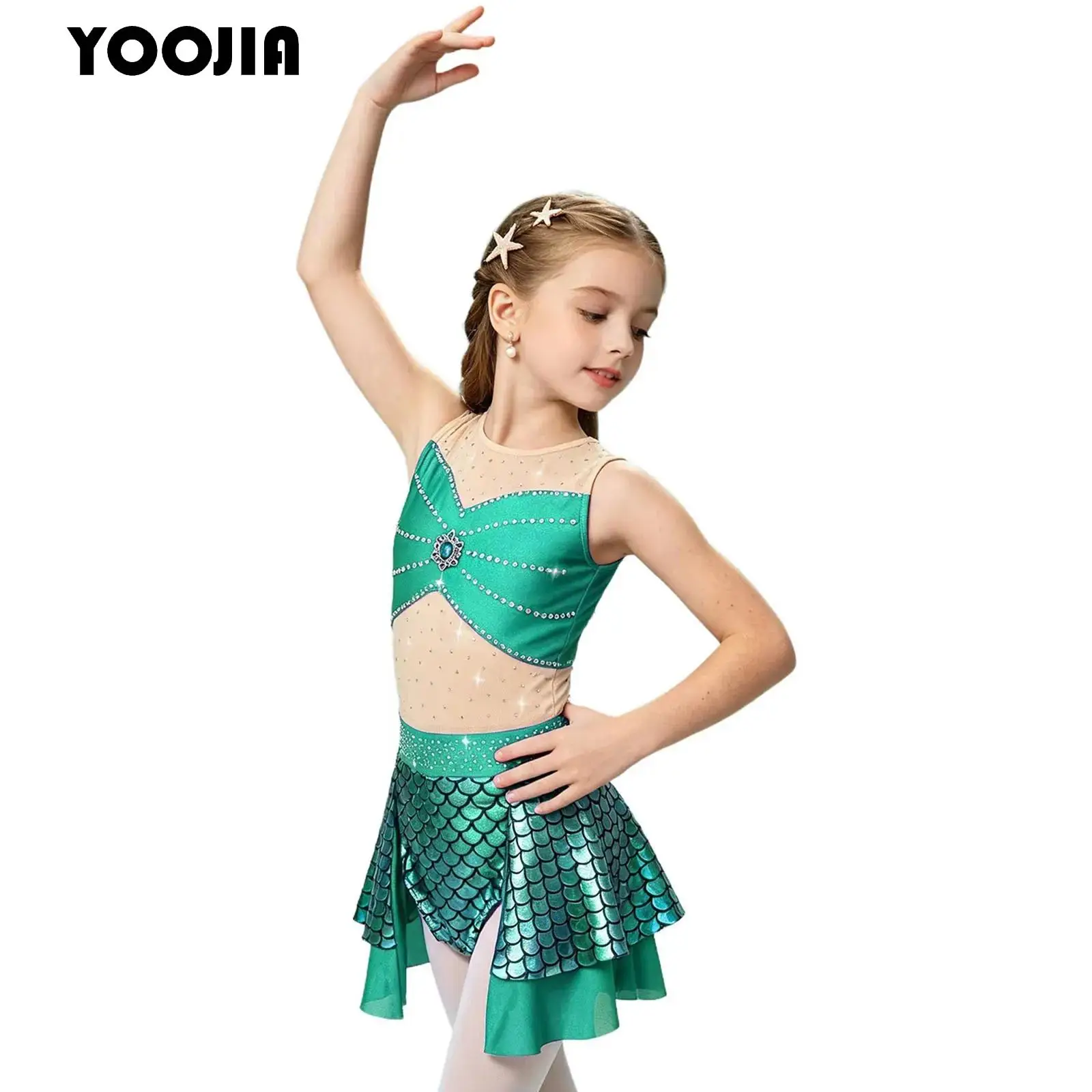 Kids Girls Ballet Leotard Tutu Dress Ballerina Mermaid Princess Dance Costume Shiny Metallic Fish Scale Dance Bodysuit Jersey