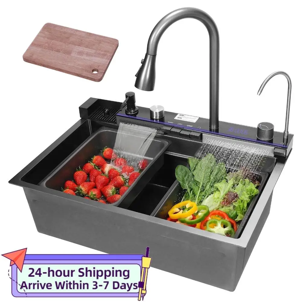 

Embossed Large Single Groove Digital Display Household Raindrop Waterfall Sinks with Pull-Out Swivel Faucet 5 Water Outlet Modes