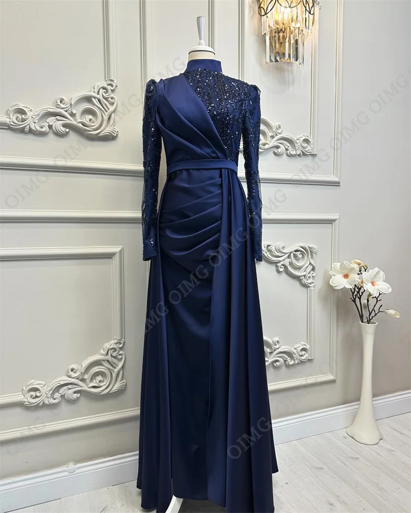 Oimg blau Pailletten glänzende Spitze Dubai A-Linie Abendkleider High Neck muslimischen Falten Satin formelle Party tragen Abschluss ball Kleid Kleid