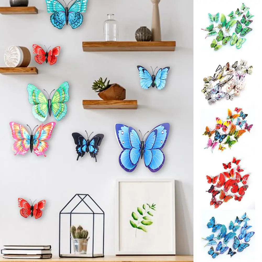 12 Pcs Fridge Magnets Butterfly Vibrant Color Double-layered Butterfly Wall Stickers Art Deco Crafts For Home Party Decorations