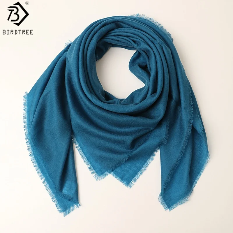 Birdtree, 100% Sheep Wool Men Women's Square Scarf, Solid Tassel Shawl Thin Scarves, 2026 Winter New Gift Neckerchief S68011JF