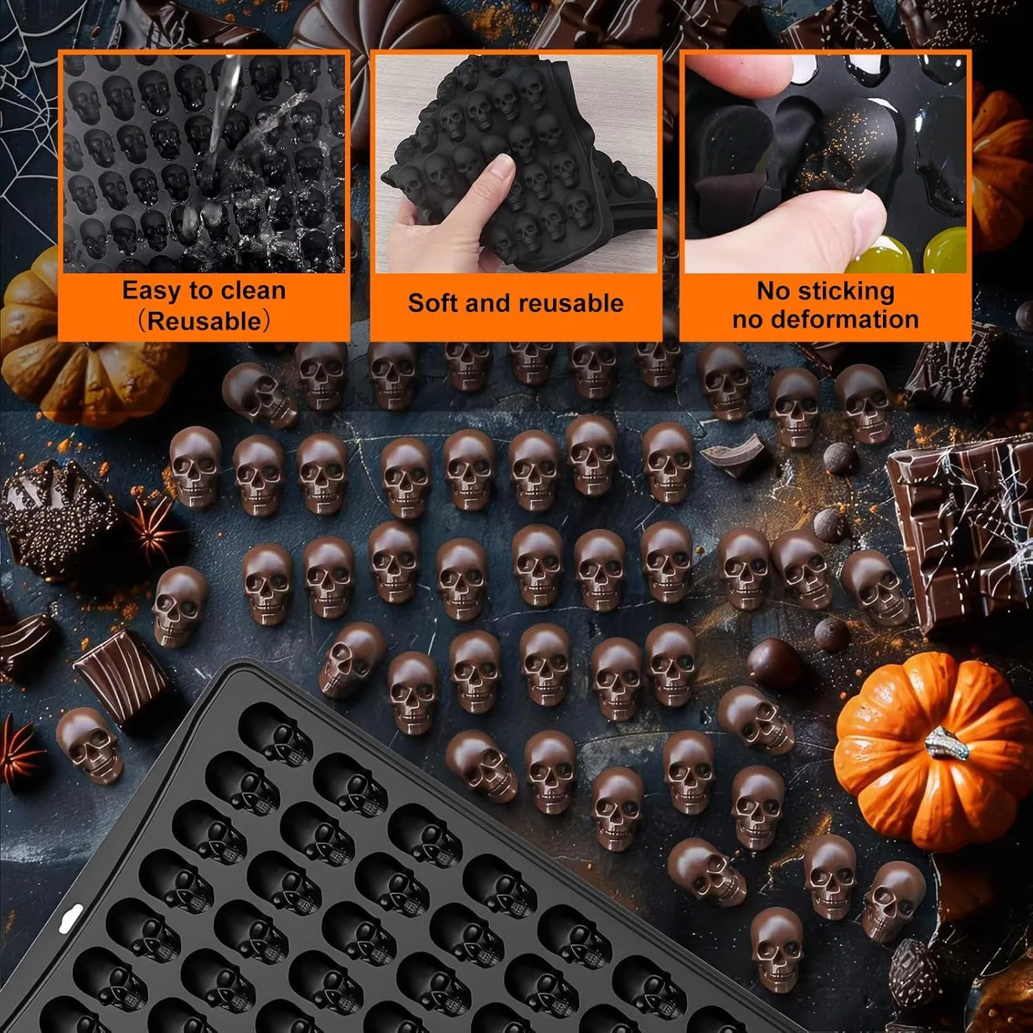 قوالب جمجمة صغيرة من السيليكون، 100 تجويف لجمجمة الهالوين والشوكولاتة قالب حلوى من السيليكون قوالب غائر صغيرة هيكل عظمي #5