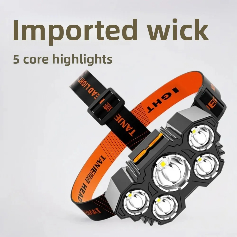 5 LED Strong Light Headlamp Built in 18650 Battery USB Rechargeable Head Flashlight Outdoor Ultra Bright Fishing Camping Lamp