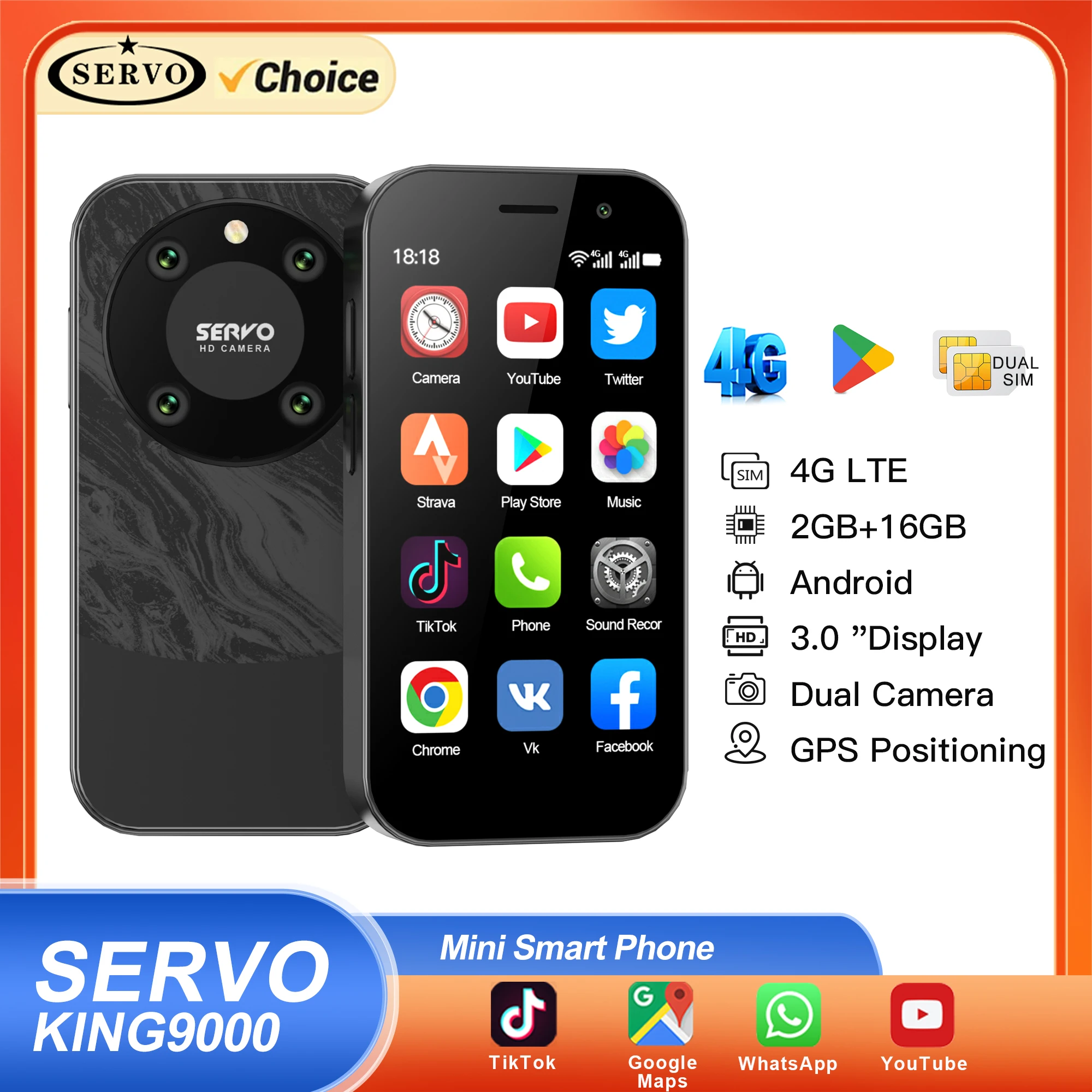 2024 SERVO KING9000 듀얼 SIM 미니 스마트폰, 안드로이드 OS, 16GB ROM, 2000mAh, GPS, 3.0 인치 소형 휴대폰, 얼굴 인식 