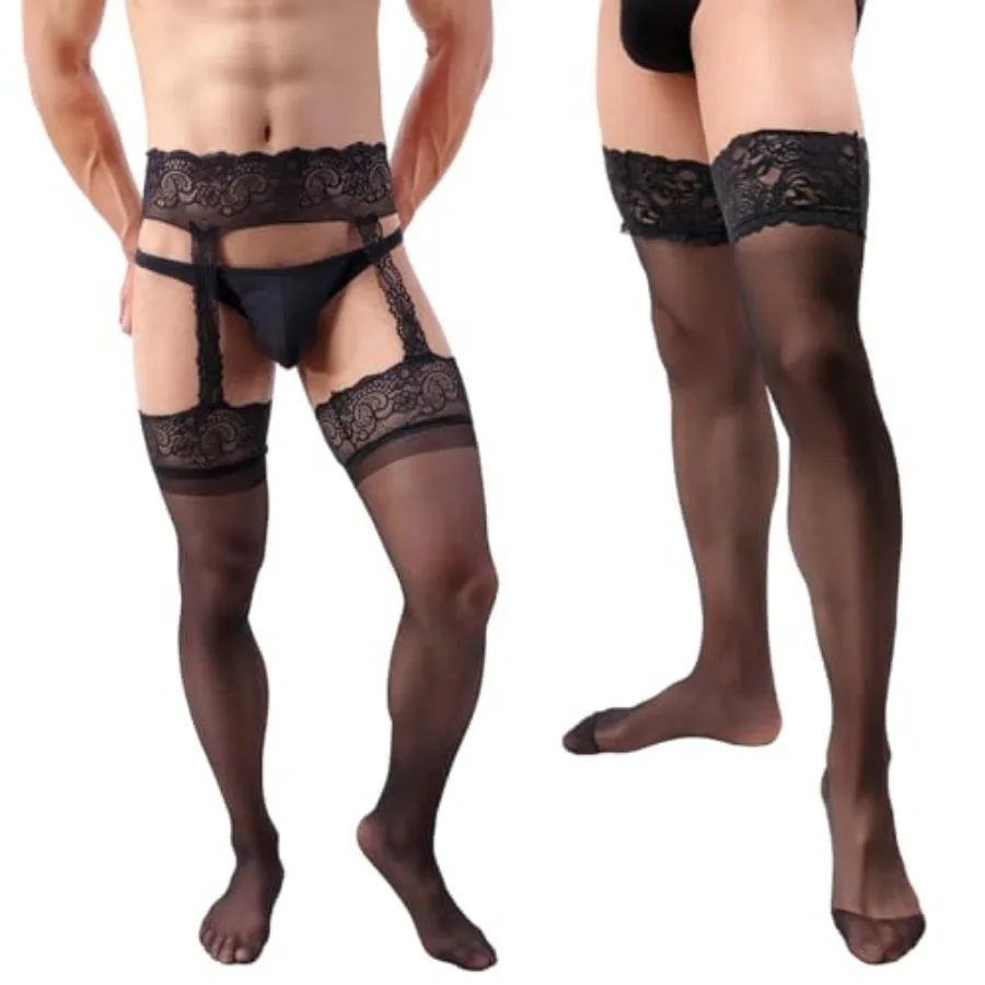 

2-pack: Black Lace Stockings and Pantyhose for Men, Men's Sexy Suspender Thigh High Socks Sissy Lingerie