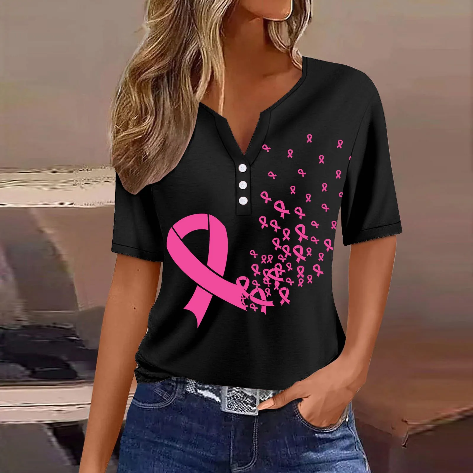 October Breast Cancer Awareness Graphic T Shirts Women v Neck Short Sleeve button Tops tee loose casual female Tee shirt