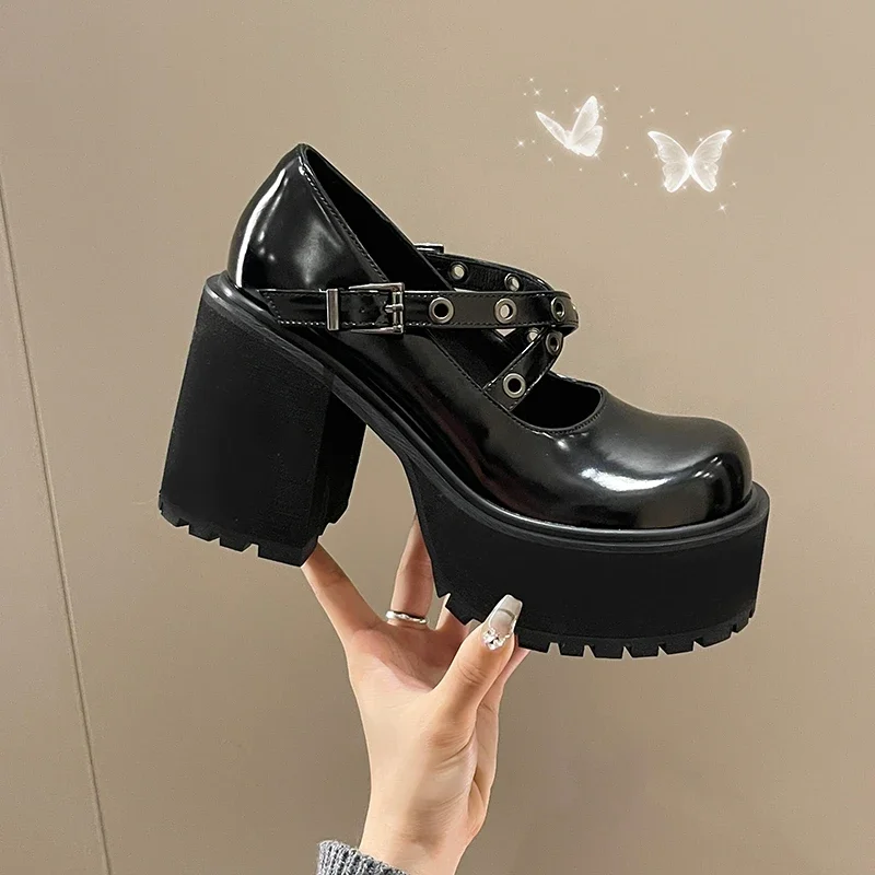 Round Toe Thick Heels Women\'s Shoes Spring Autumn New 10CM Thick High Mary Jane Small Leather Shoe Black Buckle Belt Cross Pumps