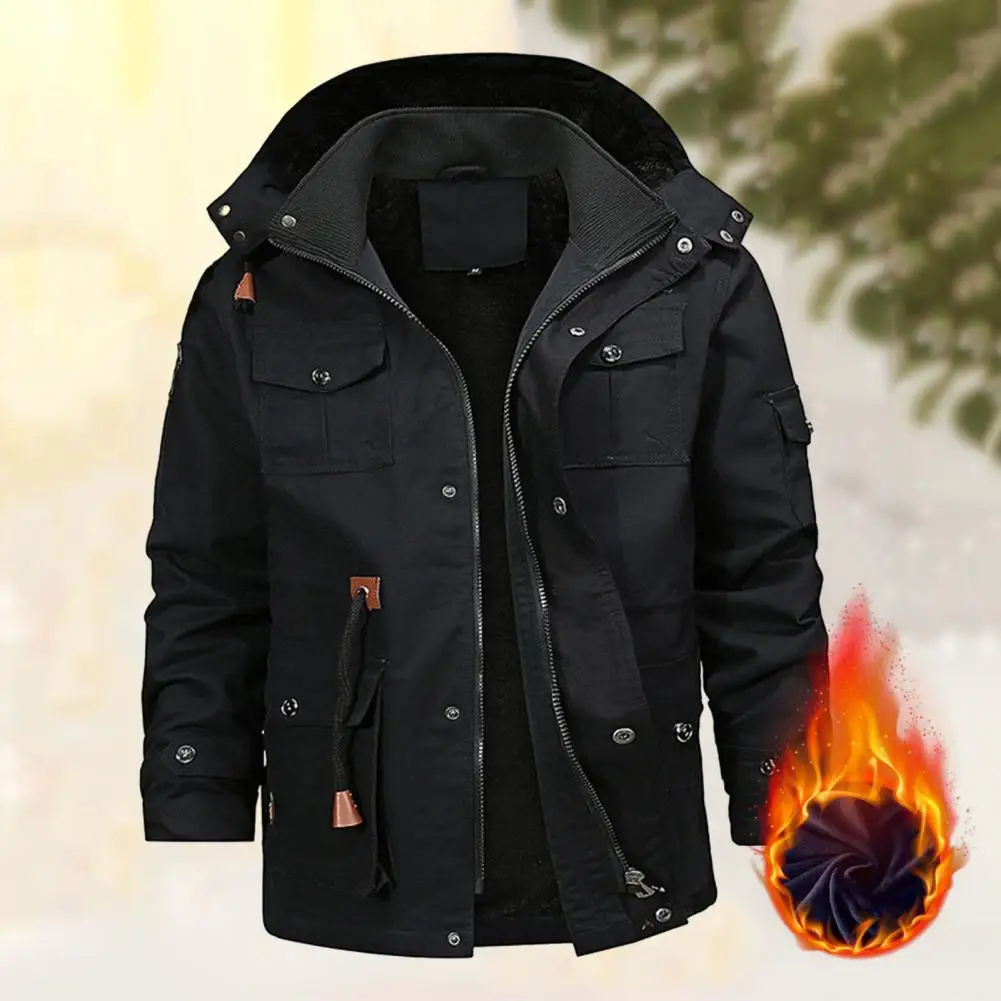 Men Solid Color Jacket Fleece Lining Jacket Coat Winter Men's Jacket with Detachable Hood Fleece Lining Multi Pockets for Cold