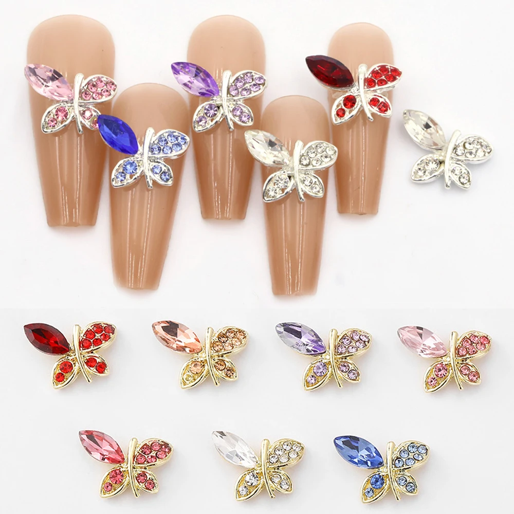 10Pcs Gem Alloy Butterfly Nail Art Charm 3D Luxury Diamond Crystal Shiny Butterfly Nail Ornament DIY Exquisite Nail Accessories